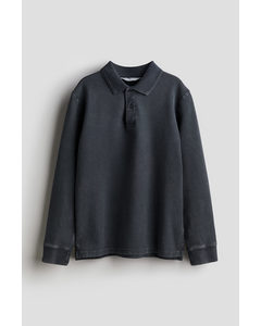 Langarm-Poloshirt aus Baumwollpikee Ausgewaschenes Schwarz