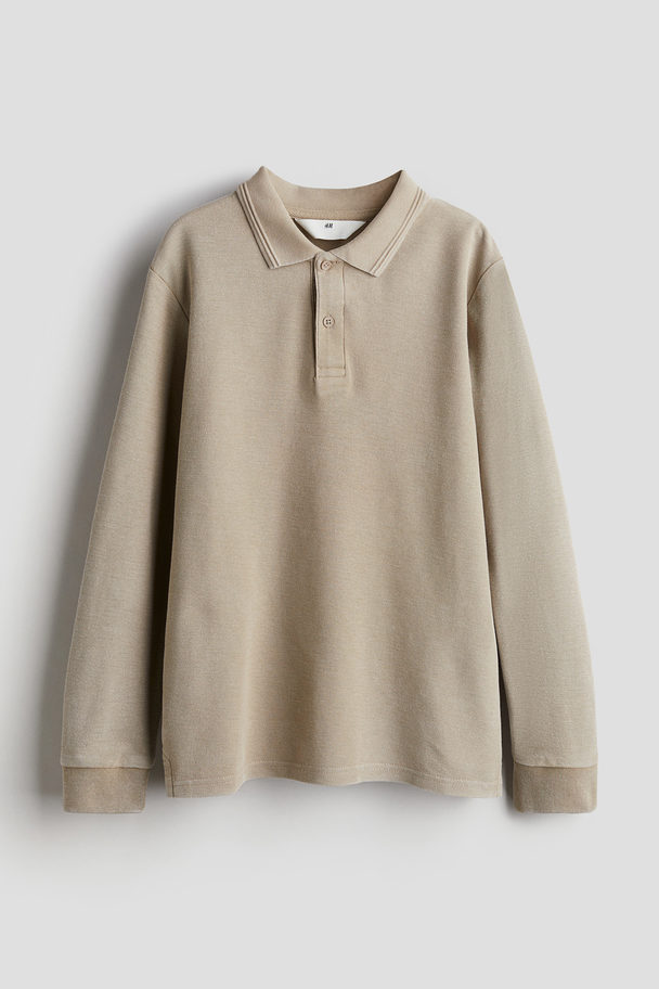 H&M Langarm-Poloshirt aus Baumwollpikee Beige