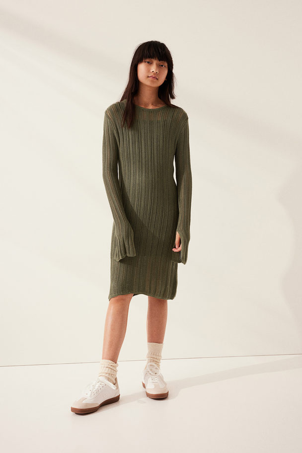 H&M Ladder-stitch-look Dress Dark Khaki Green