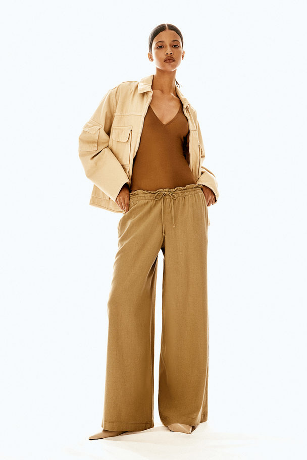 H&M Linen-blend Pull-on Trousers Dark Beige