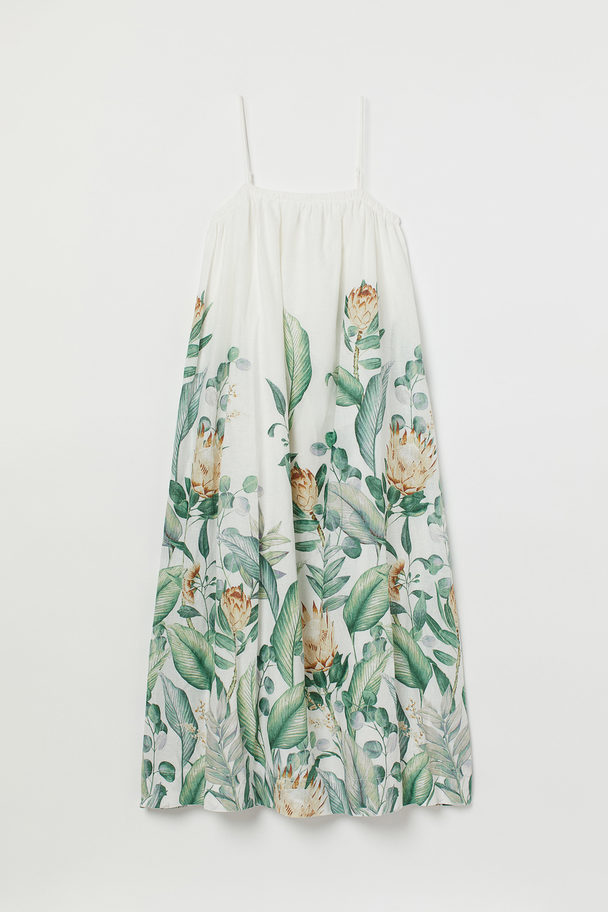 H&M Voluminous Linen-blend Dress White/leaf Print