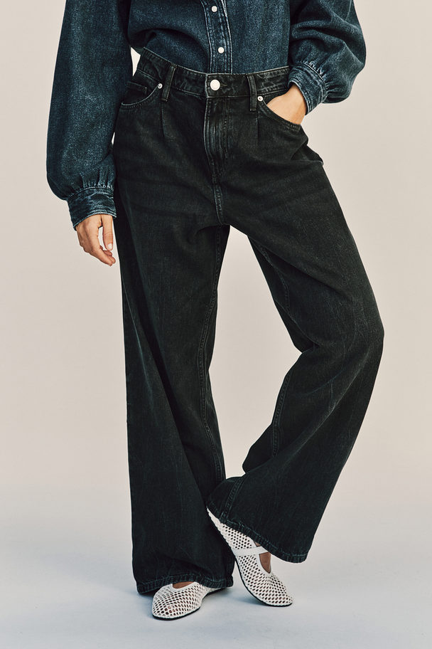 H&M Wide Denim Trousers Black/washed Out