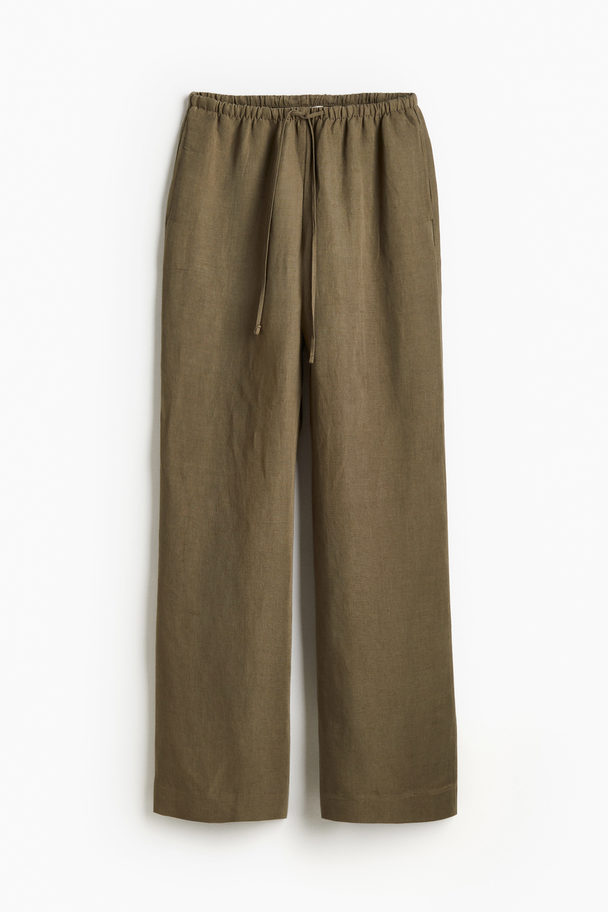 H&M Linen-blend Trousers Dark Khaki Green