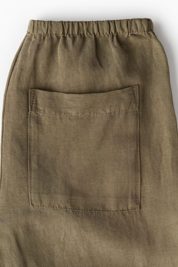 H&M Linen-blend Trousers Dark Khaki Green