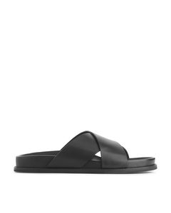 Criss-cross Leather Slide Sandals Black