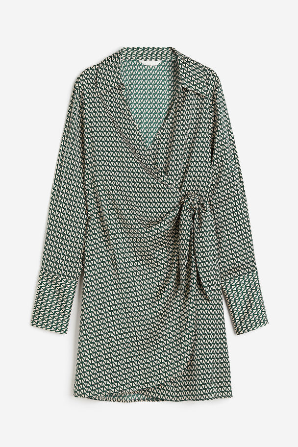 H&M Satin Wrap Dress Dark Green/patterned
