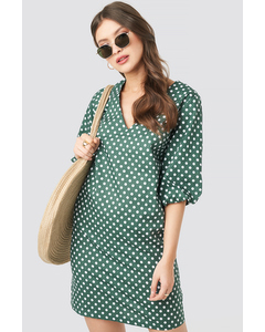 V-neck Short Puff Sleeves Dress Dot Print