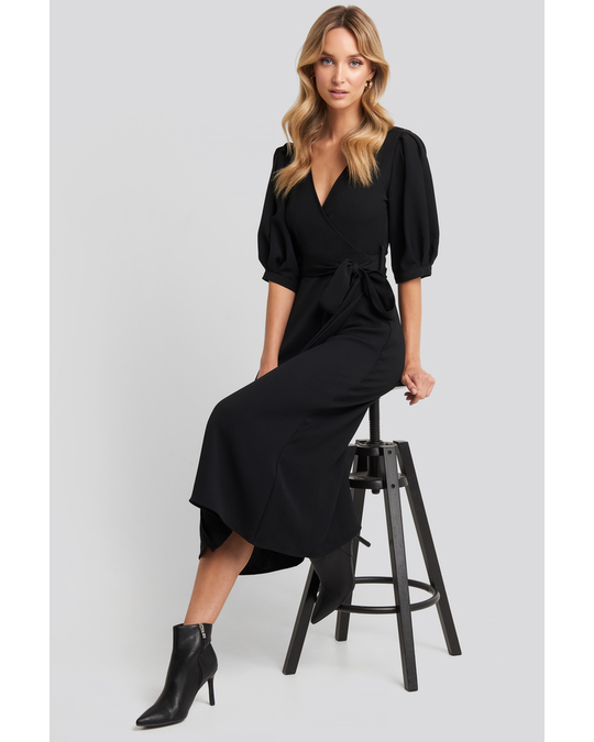 Amazon Jungle analoog onderwerpen Puff Sleeve Wrap Midi Dress Black Black | Afound.com