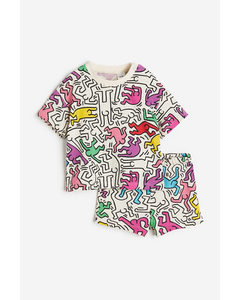2-teiliges Set aus bedruckter Baumwolle Cremefarben/Keith Haring