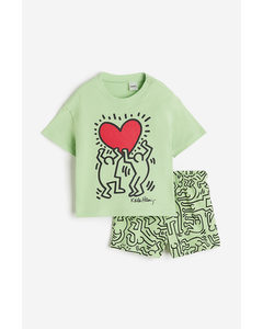 2-teiliges Set aus bedruckter Baumwolle Hellgrün/Keith Haring