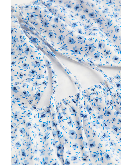 H&M Puff-sleeved Satin Dress Light Blue/small Flowers