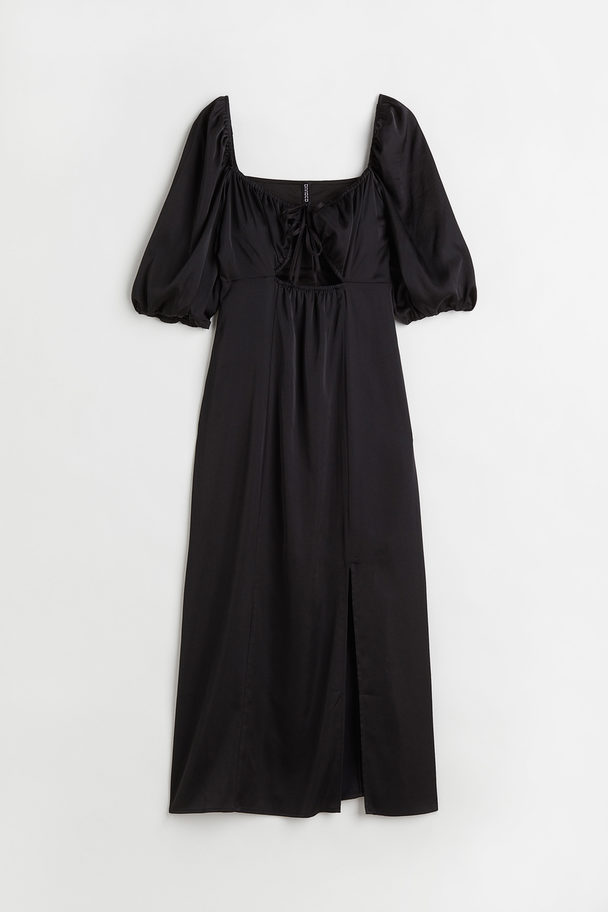 H&M Puff-sleeved Satin Dress Black