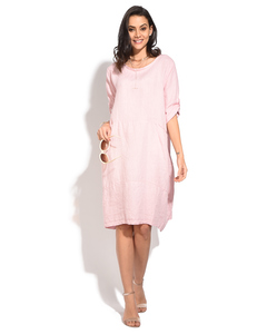 Fluid Mid-lenght Dress With Round Collar, Long Attachable Sleeves And Pockets
