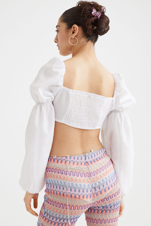 H&M Balloon-sleeved Cropped Blouse White