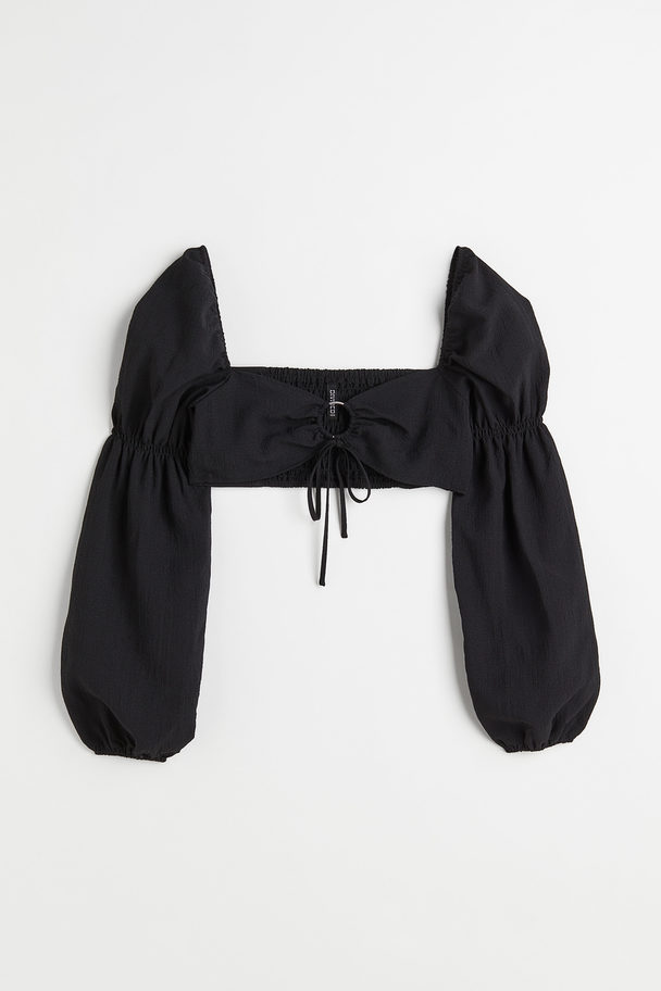 H&M Balloon-sleeved Cropped Blouse Black