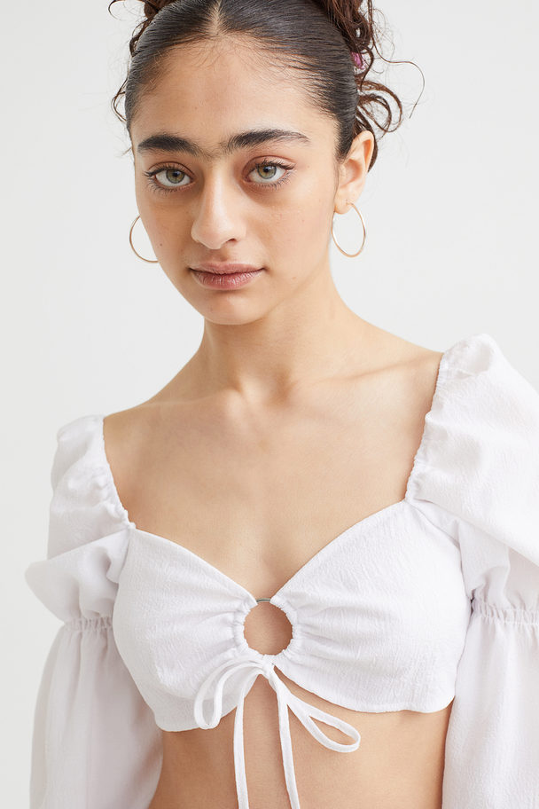H&M Balloon-sleeved Cropped Blouse White
