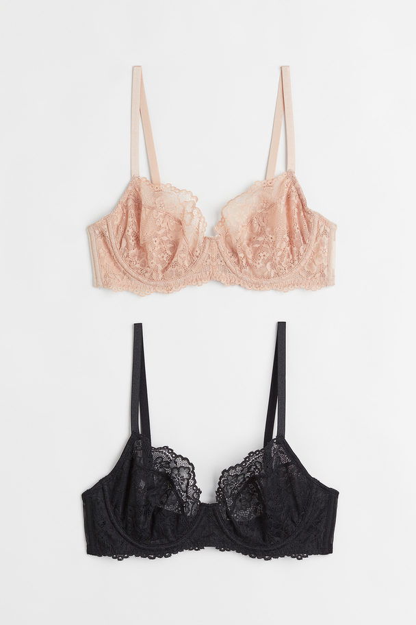 H&M 2-pack Non-padded Underwired Lace Bras Powder Beige/black