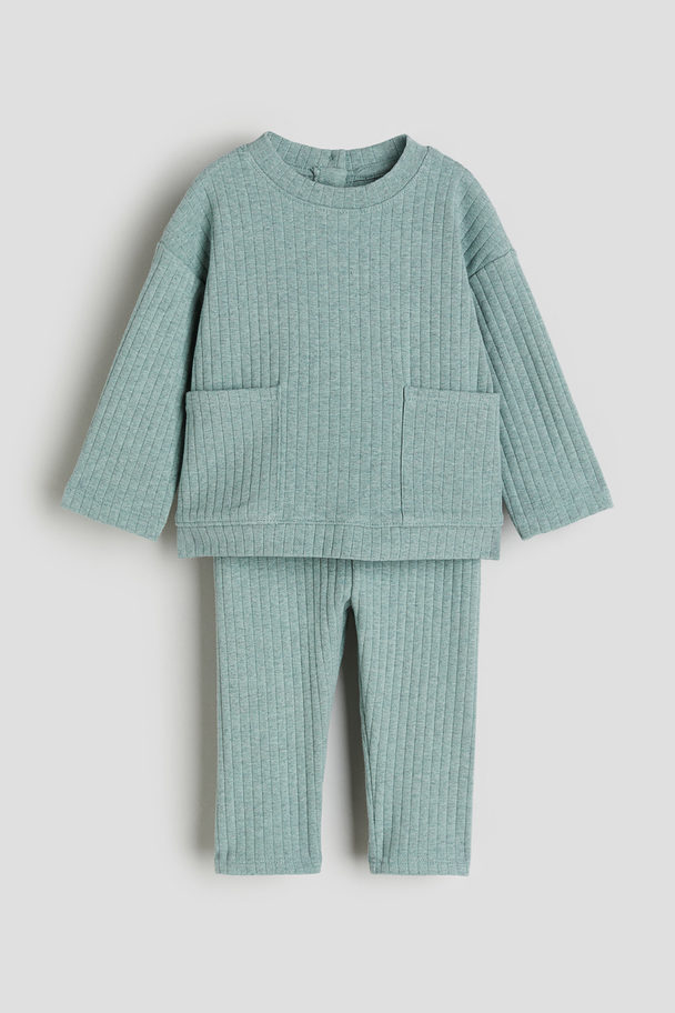 H&M 2-piece Ribbed Jersey Set Light Turquoise