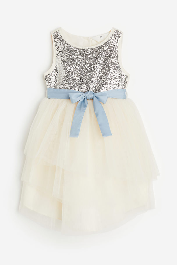 H&M Sequined Tulle Dress Natural White/sequinned