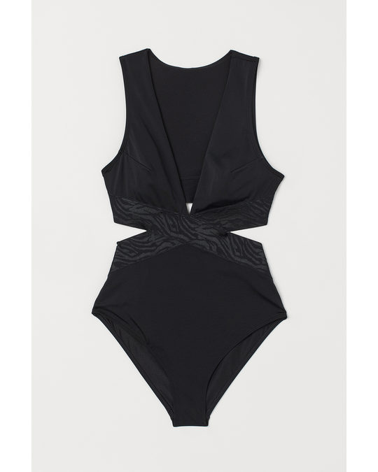 H&M Cut-out Swimsuit Black/tiger-striped