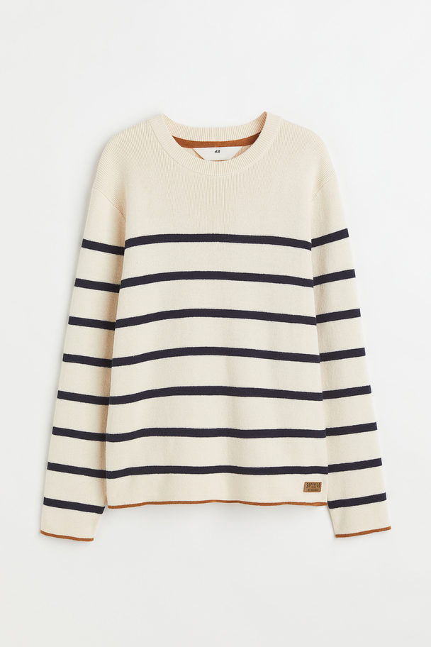 H&M Fine-knit Cotton Jumper Cream/black Striped