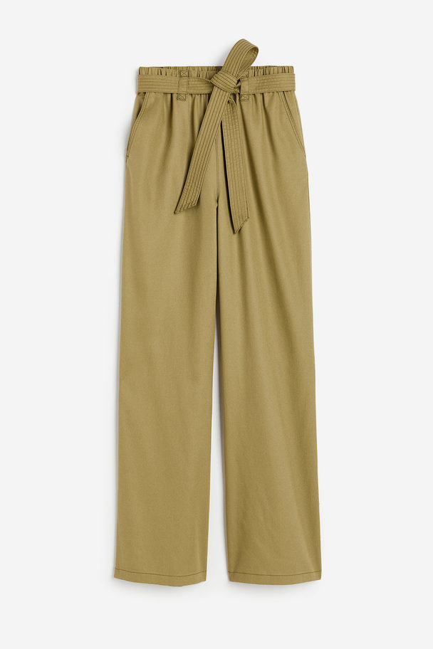H&M Tie-belt Lyocell Trousers Khaki Green