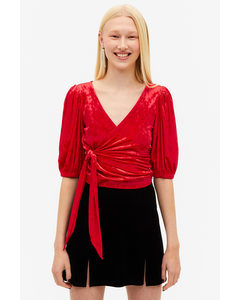 Red Velvet Wrap Top With Puff Sleeves Red