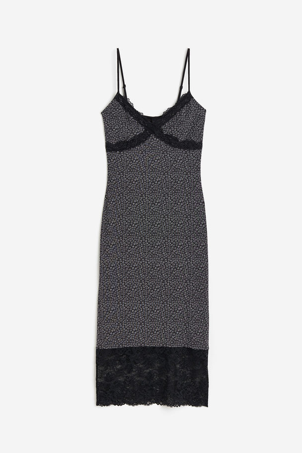 H&M Lace-trimmed Mesh Dress Black/floral