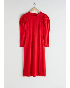 Jacquard Puff Sleeve Midi Slit Dress Red