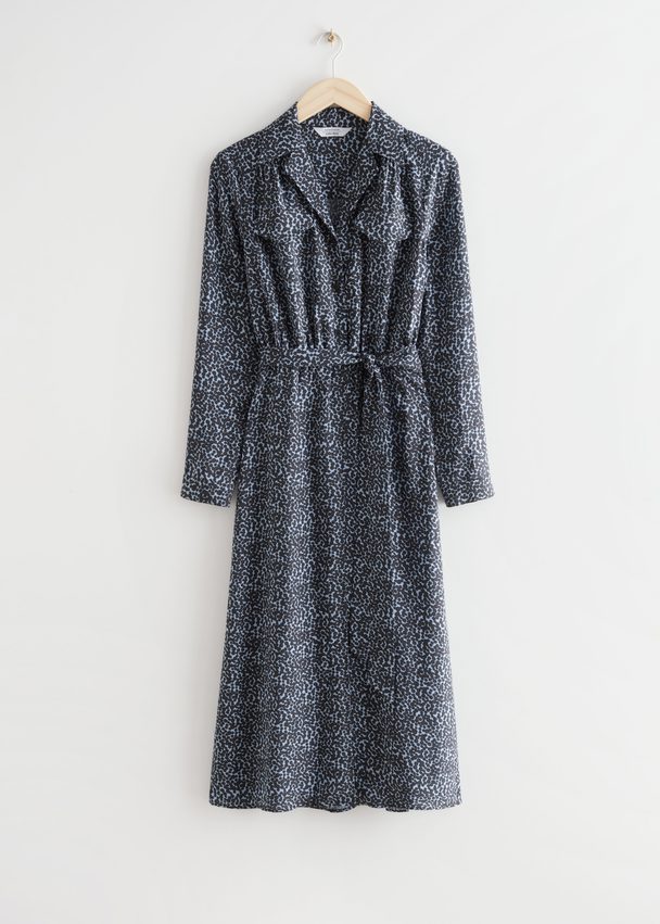 & Other Stories Belted Open Collar Midi Dress Blue Print