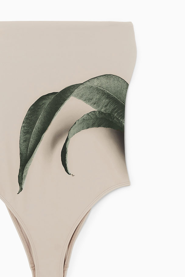 COS Leaf-print Bandeau Swimsuit Beige / Leaf Print