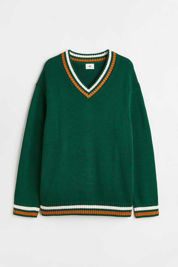 H&M Relaxed Fit Cotton Jumper Dark Green/white