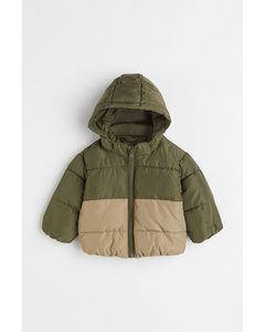 Hooded Puffer Jacket Khaki Green/beige