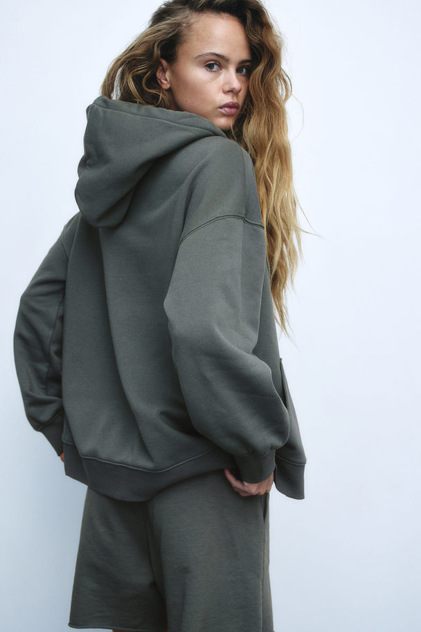 H&M Oversized Hoodiejacke mit Zipper Khakigrün