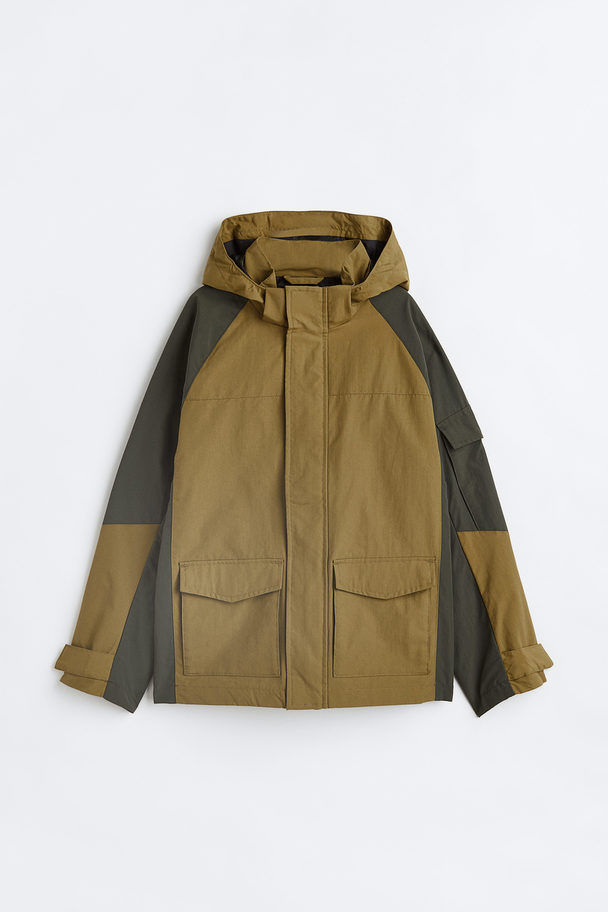H&M Hooded Shell Jacket Khaki Green/block-coloured