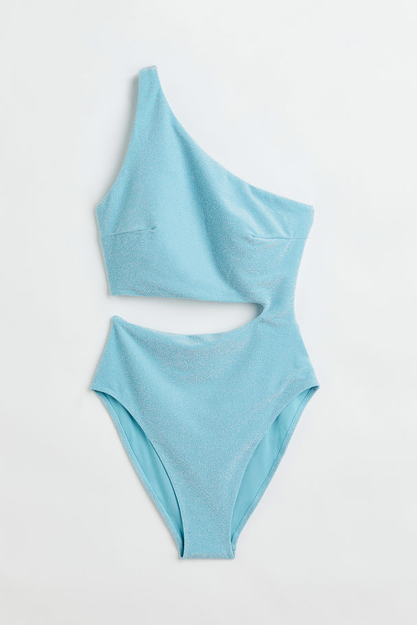 H&M High-leg One-shoulder Swimsuit Light Turquoise/glittery