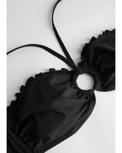 Ruffled O-ring Bandeau Bikini Top Black