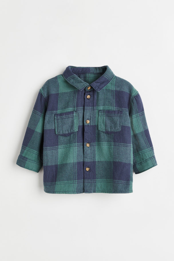 H&M Cotton Flannel Shirt Dark Green/checked