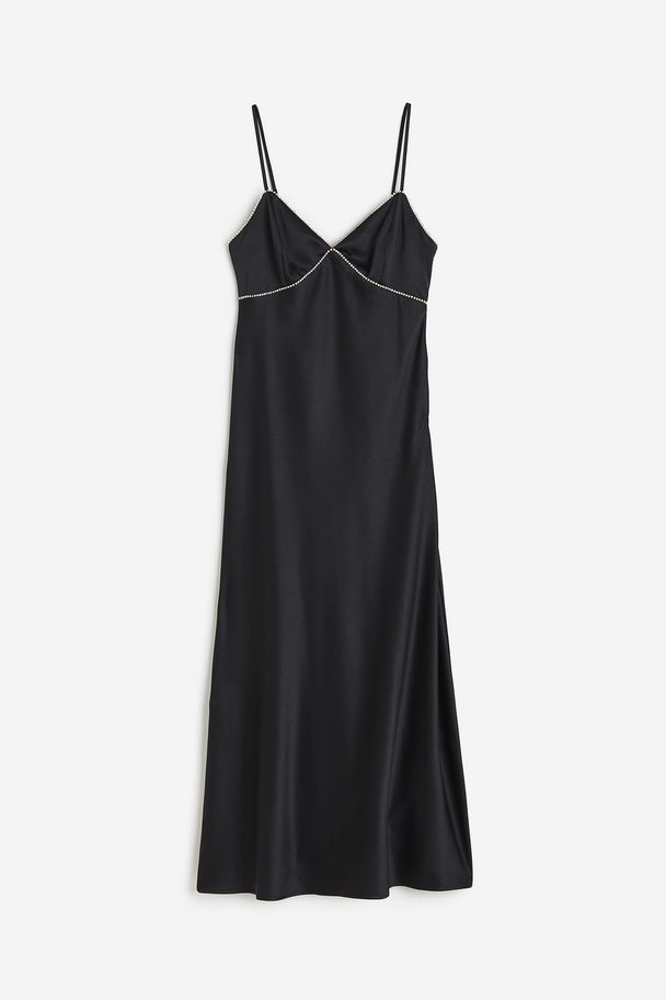 H&M Rhinestone-embellished Satin Dress Black