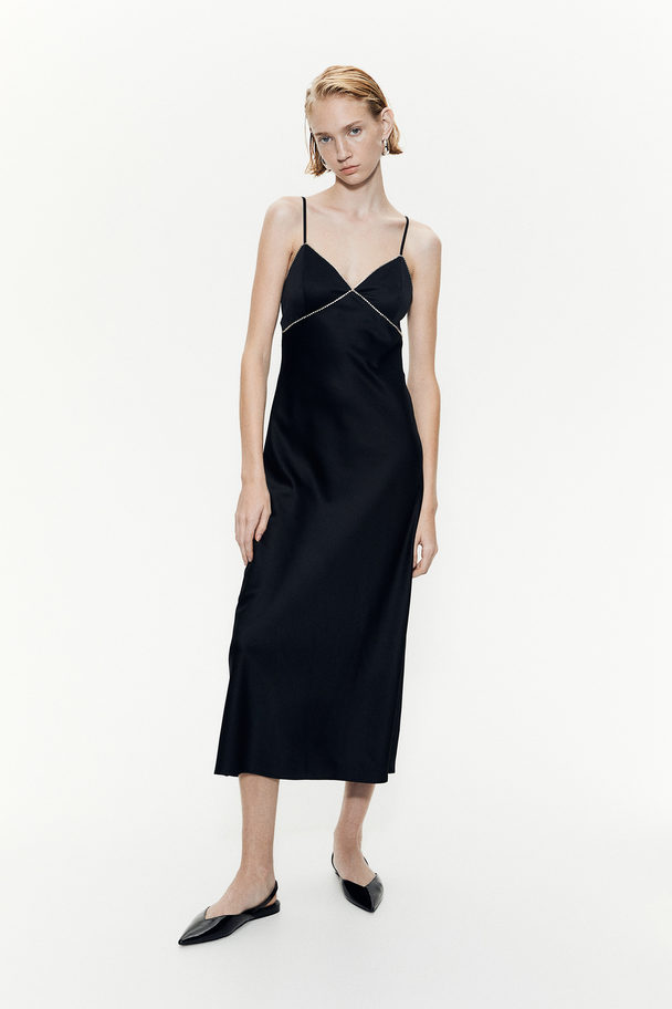 H&M Rhinestone-embellished Satin Dress Black