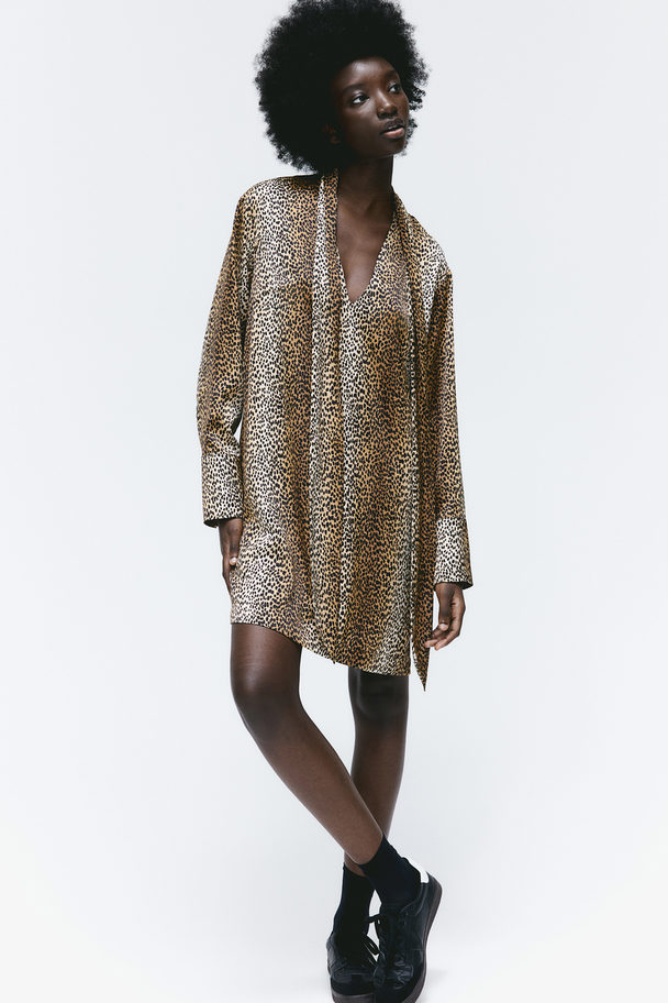 H&M Tie-detail Satin Dress Light Brown/leopard Print