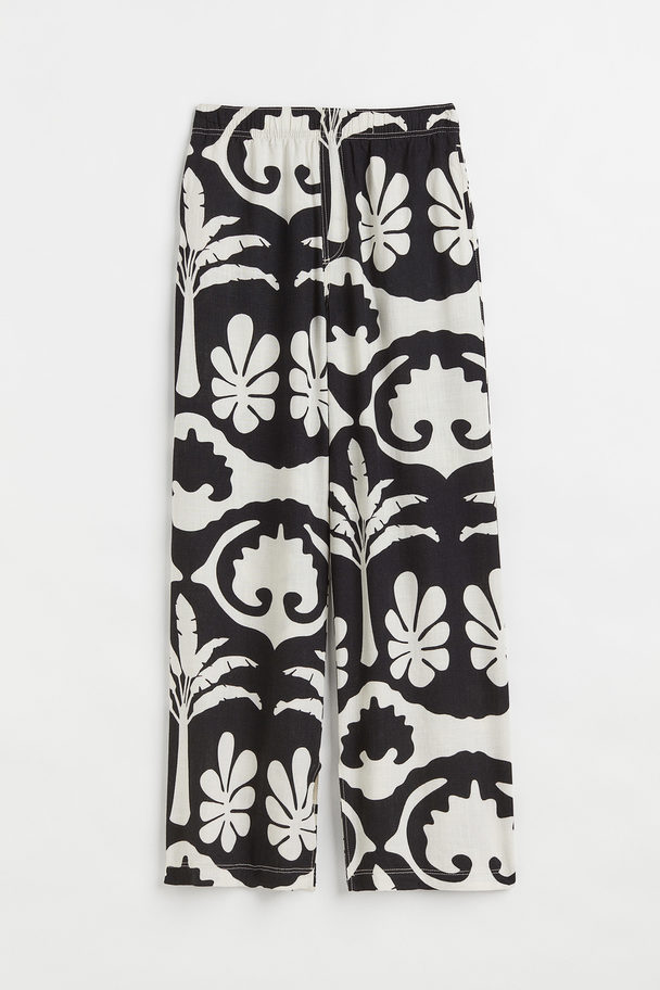 H&M Linen-blend Trousers Black/patterned