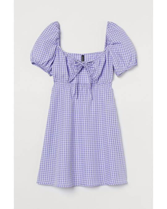 H&M Puff-sleeved Dress Light Purple/gingham Checked