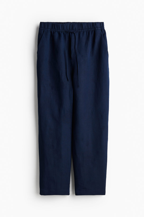 H&M Linen-blend Tapered Trousers Navy Blue