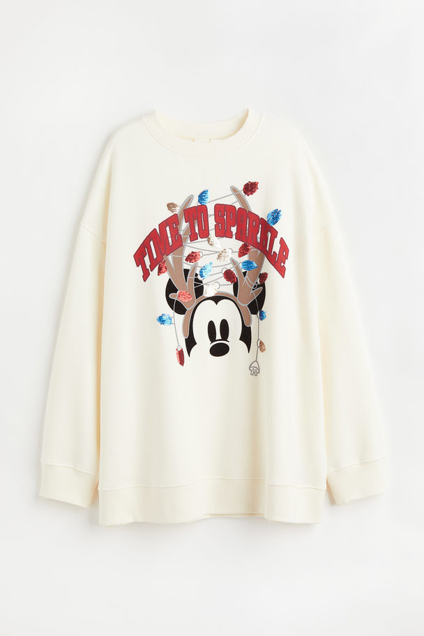 H&M Oversized Sweatshirt mit Print Cremefarben/Micky Maus