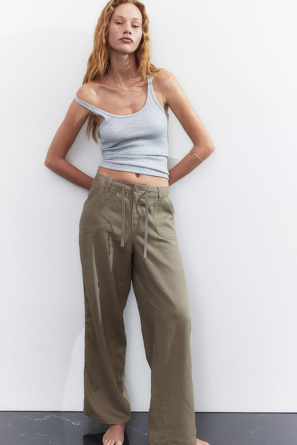 H&M Linen-blend Straight Trousers Greige