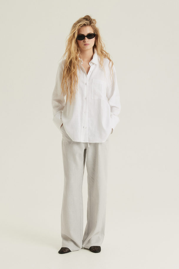 H&M Linen-blend Straight Trousers Light Grey