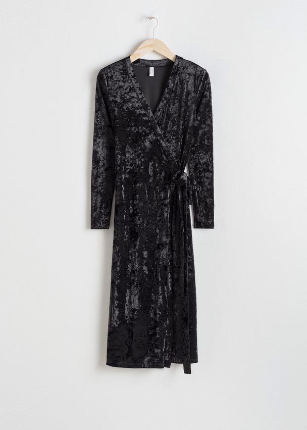 & Other Stories Crushed Velvet Wrap Dress Black