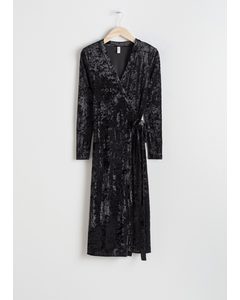 Crushed Velvet Wrap Dress Black