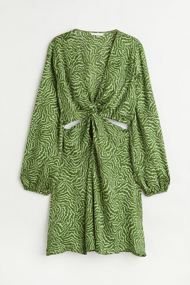 H&M Knot-detail Cut-out Dress Green/patterned
